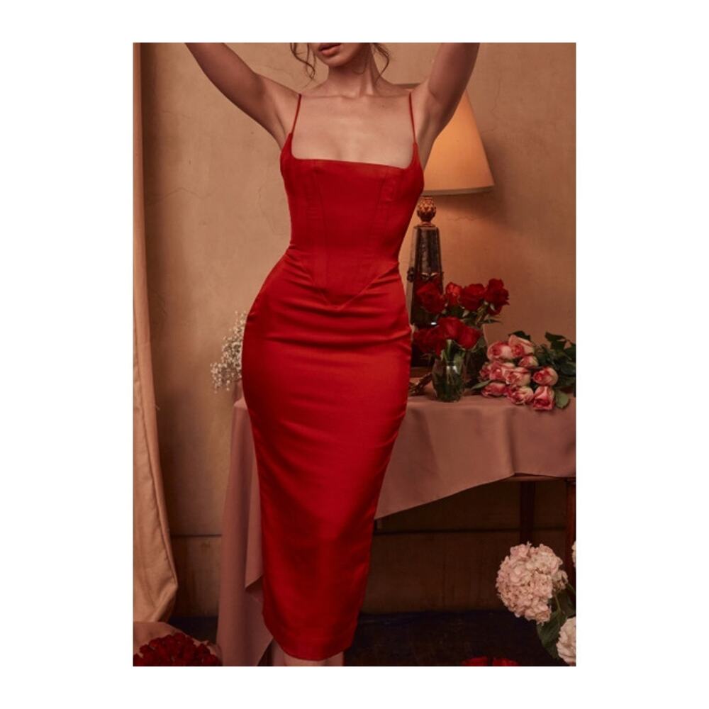 NWOT House of Cb Anais Scarlet Satin Corset Midi Dress Size L Large